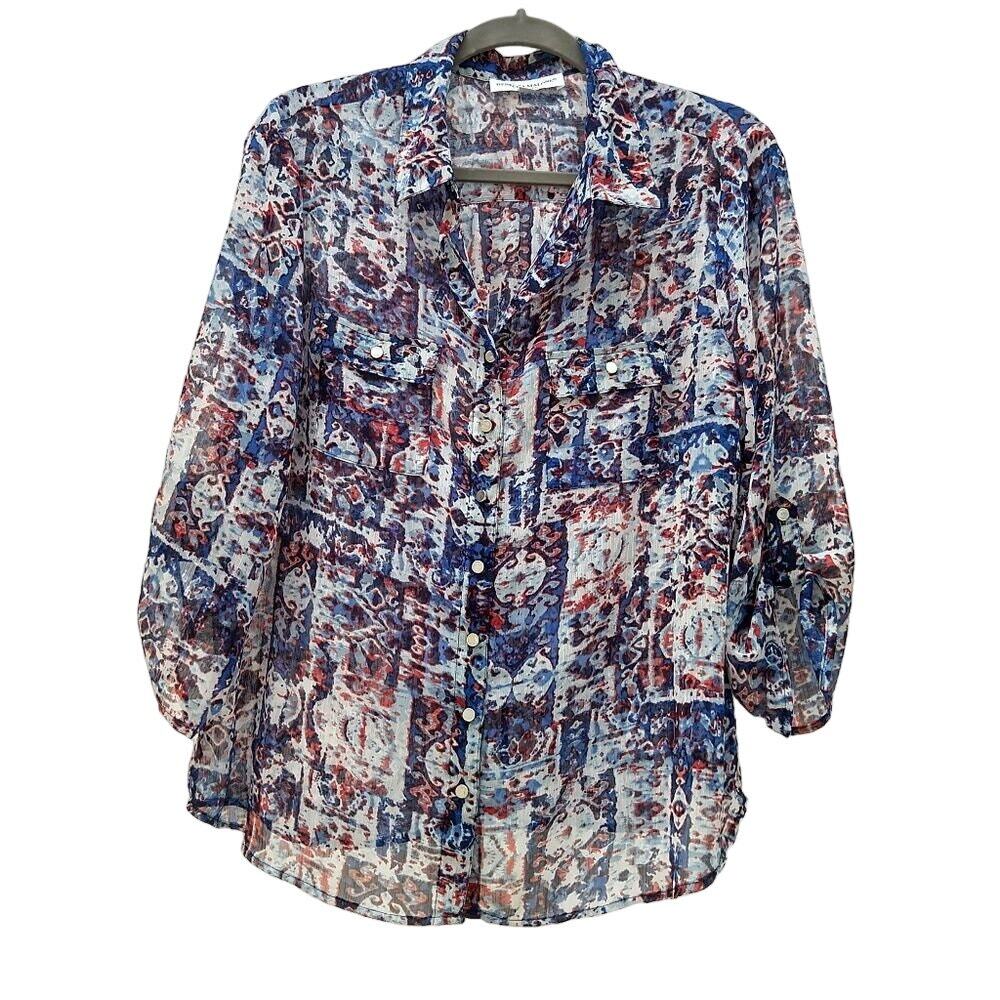 Rebecca Malone Women's Sheer Button Up Blouse Size PXL Red Blue 3/4 Tab Sleeve